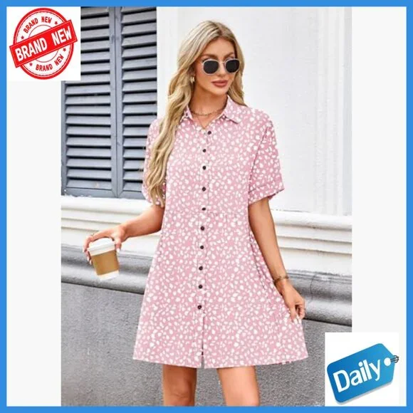 Summer Babydoll Dress Short Sleeve Button Down with Pockets Casual Sundress - Picture 3 of 7